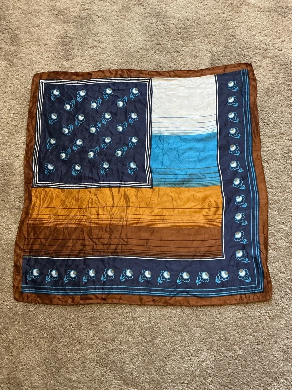 True Vintage 1970’s Brown & Blue Scarf-Made In Italy, Boho, Mod